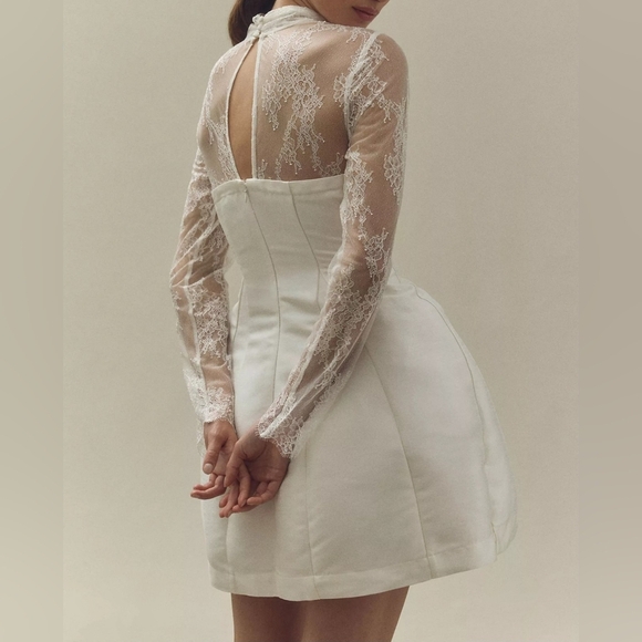 BHLDN Ivory Long-Sleeve High-Neck Lace Fit & Flare Mini Dress - Picture 3 of 14